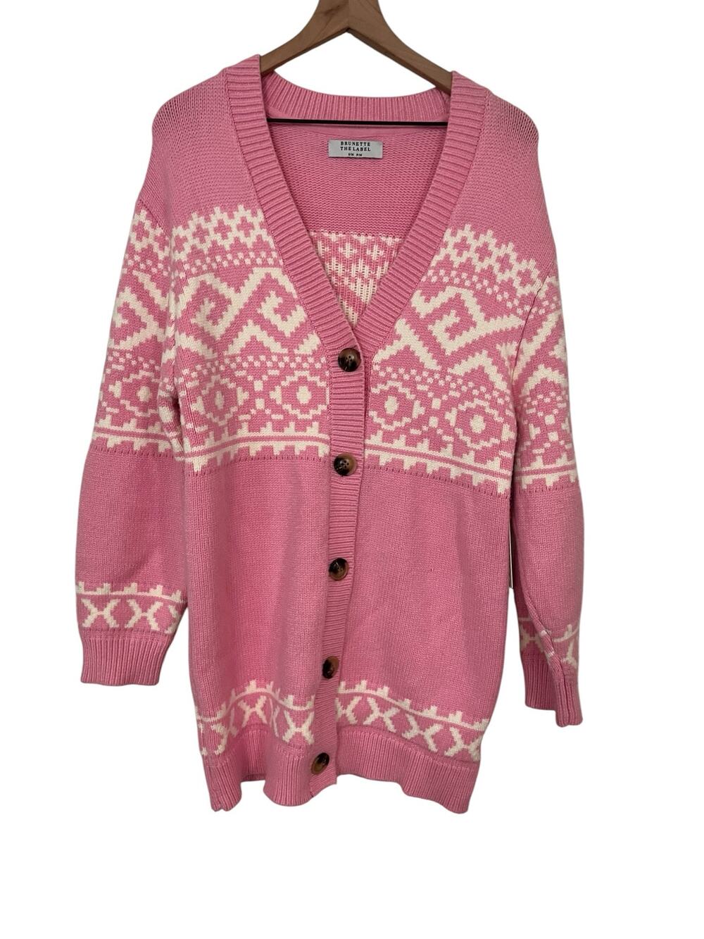 Brunette the Label Womens Pink Oversized Fair Isle Knit Cardigan Size Small NWT